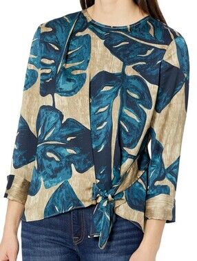 NIC+ZOE Safari Shine Blue & Tan Long Sleeve Blouse Size XS Boho Career Party